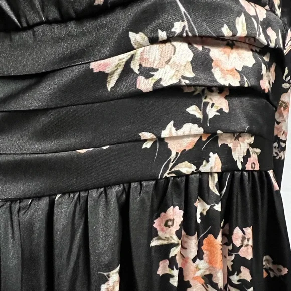 Pinch Women’s Black Satin Smoked Maxi Slit Floral Long Sleeve V Neck Dress Med - Picture 13 of 15